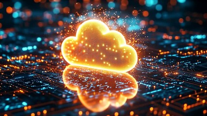 Poster - Digital Cloud Computing Concept with Glowing Data Cloud Icon on Futuristic Technology Background