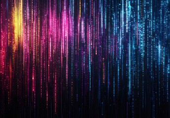 Fototapete - A dynamic and colorful background of computer code with streaks of light, representing the speed at which software is created using AI technology. 