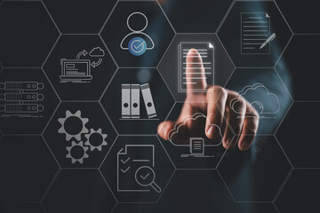 Leinwandbilder - Document Management System (DMS) used to store, search and manage review process and users for corporate files and information in enterprise. Concept with business manager pointing to icons.
