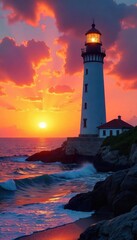 Wall Mural - A majestic Mediterranean lighthouse stands tall against a vibrant sunset, its white tower silhouetted against the fiery sky, waves gently lapping at its base , coast, spain