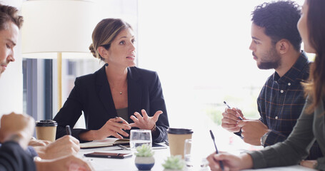 Poster - Feedback, meeting and teamwork with business people in boardroom of discussion or planning. Development, management and training with employee group in office together for professional workshop