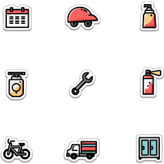 Aufkleber - Collection of Various Icon Stickers: Calendar, Car, Soap, Spray, Wrench, Bike, Truck, and Cupboard
