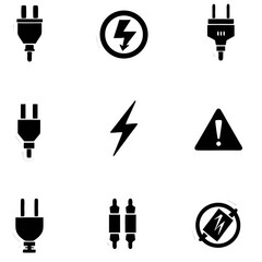 Poster - Collection of white electric and power icons on black background, various symbols displayed