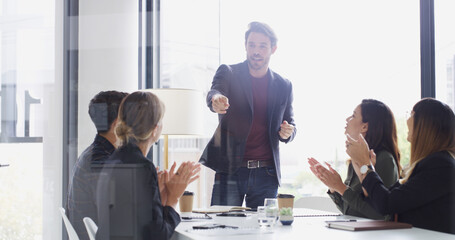 Aufkleber - Business people, team and applause in office for promotion, win award or celebrate goal. Happy group, success or clap for praise with recognition, pointing or congratulations for great work results