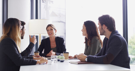 Poster - Meeting, project management and teamwork with business people in office together for planning. Collaboration, discussion and update with corporate employee group in boardroom for development workshop