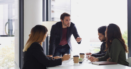 Aufkleber - Legal, talk or manager in meeting with team, group project and negotiation in law boardroom. Leader, business people and attorney in office for private practice, collaboration and corporate justice