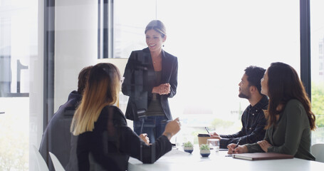 Poster - Business, woman and meeting with staff in office for discussion, planning and finance feedback. Manager, teamwork and brainstorming for ideas, investment proposal and collaboration of budget solution