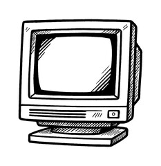 Aufkleber - Vintage Computer Monitor with Screen and Stand Black and White Line Art Drawing