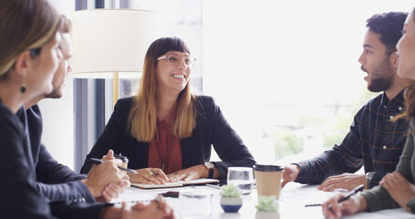 Poster - Discussion, collaboration and colleagues in boardroom, group and smile for investment and corporate. Office, financial analyst and people with ideas for opportunity, teamwork and happy in meeting