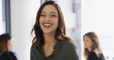 Poster - Employee, laugh or woman in boardroom with portrait, group or public relations agency. Office, media manager and happy publicist in meeting for brand awareness, campaign and corporate project