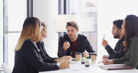 Poster - Meeting, business people and brainstorming with manager in office for idea or financial strategy. Planning, group and conversation for investment proposal, budget review or discussion with delegation