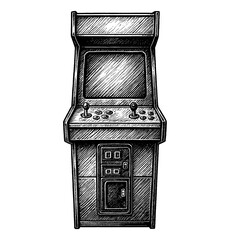 Aufkleber - Vintage Arcade Game Machine with Detailed Hatching in Black and White Engraving Style