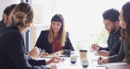 Poster - Collaboration, meeting and notes with business people in boardroom for discussion or planning. Corporate, teamwork and writing with employee group in office together for professional workshop
