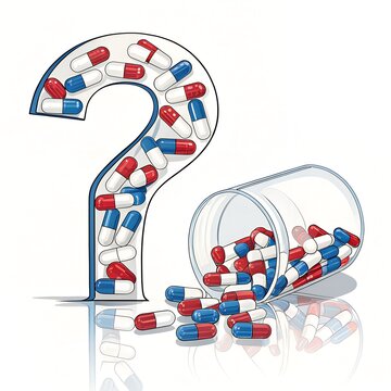 Glass large question mark filled with red, white, blue capsules, spilling onto reflective surface, symbolizing medical queries or uncertainty about medication