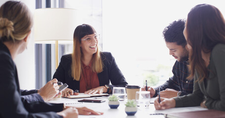 Poster - Investment, meeting and teamwork with broker team in boardroom for discussion or planning. Collaboration, management and strategy with business people in office together for stock market trading