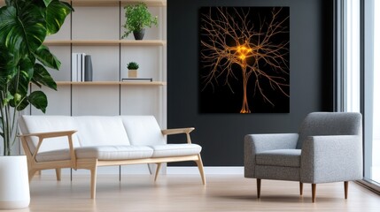 Fototapete - Dense web of interconnected neurons in orange hues on dramatic black canvas
