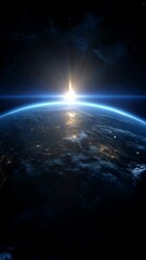 Wall Mural - Dramatic view of a planet from space with bright sunrise, city lights visible through clouds, a cosmic and celestial atmosphere, and stellar background.