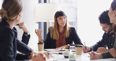 Poster - Conversation, development and meeting with business people in boardroom for financial planning. Corporate, finance and management with employee team in office together for professional workshop