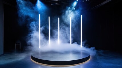 Fototapete - Ethereal light shining on smoke-filled circular performance stage