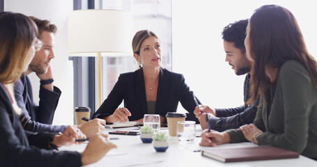 Poster - Collaboration, feedback and meeting with business people in boardroom of discussion or planning. Corporate, report and teamwork with employee group in office together for professional workshop