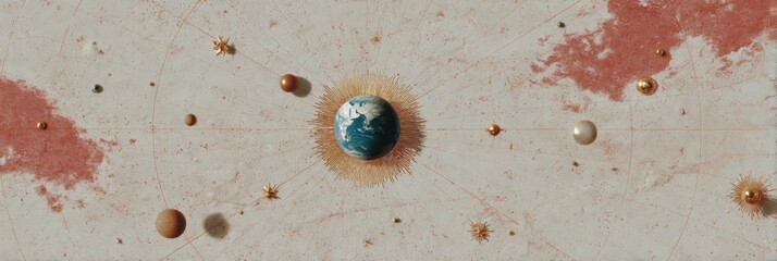 Poster - Mystical Celestial Map with Earth Centered in Golden Frame on Weathered Parchment for Esoteric Marketing and Historical Astronomy Branding
