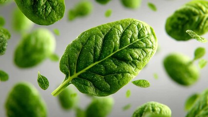 Poster - Spinach Freshness: A vibrant display of fresh spinach leaves, suspended mid-air, captures the essence of natural goodness and healthy eating, showcasing crisp texture and vivid green color.