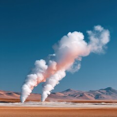 Poster - Sustainable Geothermal Energy in Remote Desert Landscape with Steam Plumes and Mountain Backdrop, Promoting Clean Power and Eco Tourism