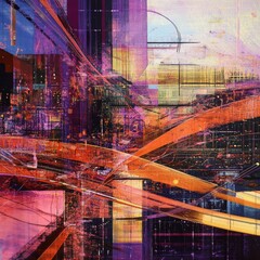 Poster - Abstract Cityscape Painting with Geometric Shapes Lines and Vibrant Colors on Canvas Surface