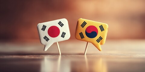 Aufkleber - Diplomatic Dialogue Concept with Japan and South Korea Speech Bubble Flags on Reflective Wood Surface for International Relations and Regional Partnership