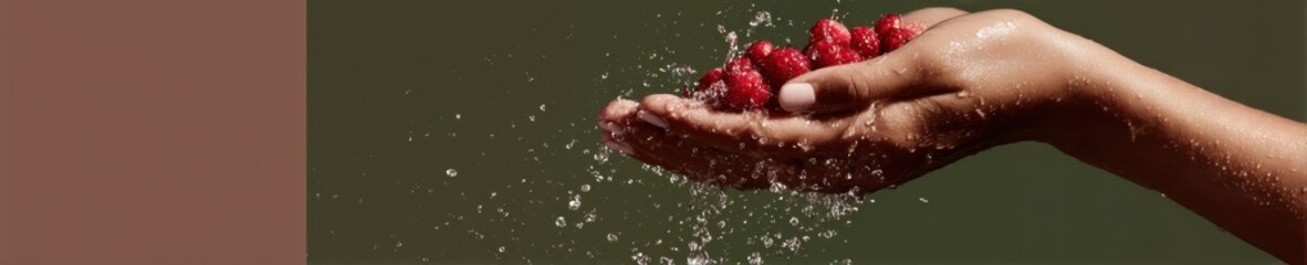 Poster - Dynamic water splash from outstretched hand with frozen droplets, symbolizing purity hydration and natural cleansing in fresh beverage advertising content