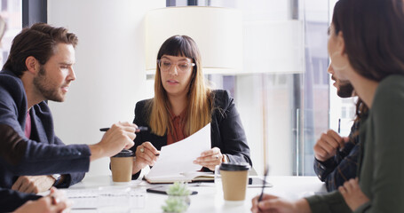 Poster - Documents, meeting and question with marketing team in boardroom for discussion or planning. Contract, management and teamwork with business people in office together for professional workshop