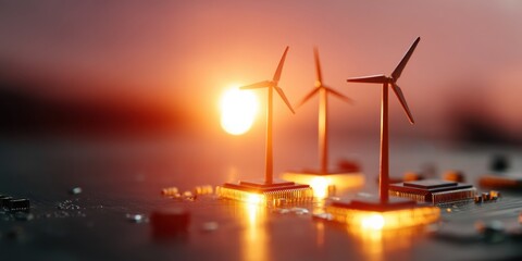 Aufkleber - Renewable Energy Miniature Wind Turbines on Circuit Board with Glowing Microchips - Sustainable Smart Grid Tech Concept for Digital Innovation