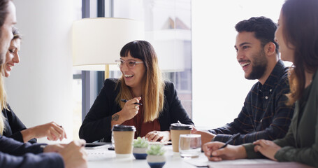 Aufkleber - Laugh, joke or happy woman in meeting with teamwork, group and legal negotiation in boardroom. Funny, business people and attorney in office for private practice, collaboration and corporate justice
