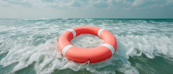Poster - Vibrant life ring floating in choppy ocean waves under cloudy sky symbolizing maritime safety and emergency rescue in turbulent water conditions