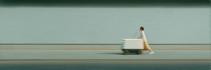 Poster - Futuristic Autonomous Delivery Robot on Urban Pedestrian Walkway in Evening Light for Smart City Logistics and Innovative Tech Marketing