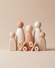Poster - Wooden Figurines with Percentage Symbols Representing Demographic Groups on Neutral Background for Social Stratification and Population Analysis