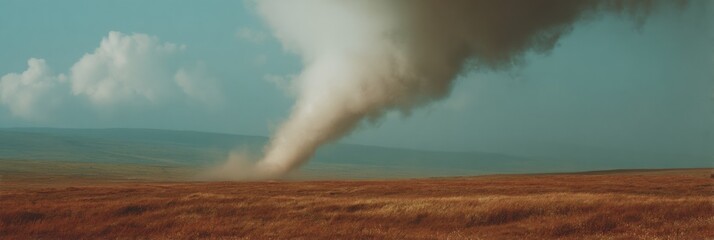 Poster - Massive funnel cloud tornado with lightning over vast prairie grasslands symbolizing extreme weather and climate crisis awareness in natural landscape