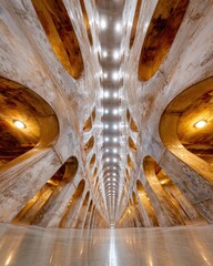 Aufkleber - Vast Industrial Warehouse Interior with Symmetrical Arches and Warm Lighting - Architectural Detail and Modern Infrastructure Design