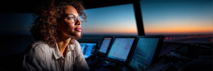 Poster - Air Traffic Controller Monitoring Flight Data in Modern Panoramic Tower at Sunset - Strategic Aviation Management and Safety in Professional Digital Workspace