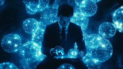 Poster - Businessman interacting with digital network on a tablet, innovative business solutions