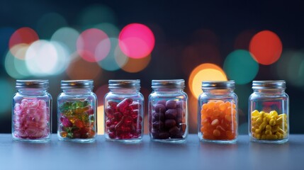 Aufkleber - Glossy Glass Jars Aligned in Rows with Colorful Capsules on Dark Surface - Pharmaceutical Research and Strategic Material Storage Concept