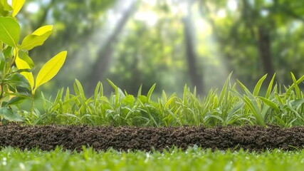 Aufkleber - The Allure of Nature: Captivating ground-level view of fresh blades of grass growing on moist soil under a bright green forest backdrop, where sunlight streams through the leaves, the perfect harmony.