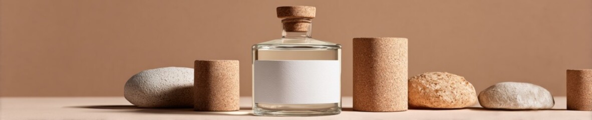 Poster - Minimalist Spirit Bottle with Cork Stopper and Clear Liquid on Neutral Background for Artisanal Branding and E-commerce Product Display