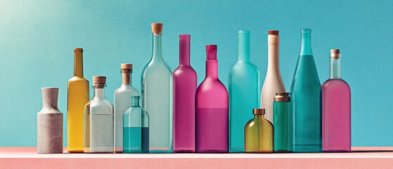 Poster - Vibrant Diverse Spirit Bottles Lineup in Matte and Glossy Finish on Colorful Table with Modern Minimalist Style for Premium Beverage Marketing