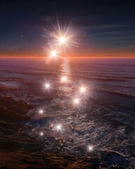 Poster - Celestial Solar Cycle Glow with Radiant Starlight Sparkles over Ocean Horizon - Dramatic Light Burst for Digital Design and Inspirational Breakthrough Themes