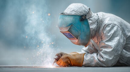 Poster - Shipbuilding Welder in Protective Suit Joining Metal Components with Sparks in Industrial Facility for Modern Precision Fabrication and Skilled Craftsmanship