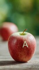 Poster - Academic Excellence Concept Red Apple with Carved A+ on Wooden Desk with Chalkboard Equations, Educational Achievement Symbol in Classroom Setting