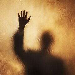 Poster - Abstract Silhouette of Speaker with Raised Hand Behind Textured Glass Symbolizing Leadership and Political Influence in Modern Communication Settings