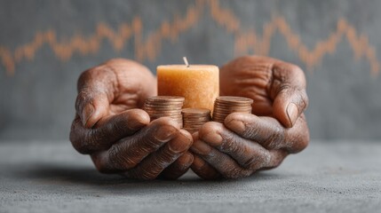 Poster - Resilient Investment Protection Concept with Weathered Hands Holding Coins and Candle Amidst Fluctuating Stock Market Graph for Finance Branding