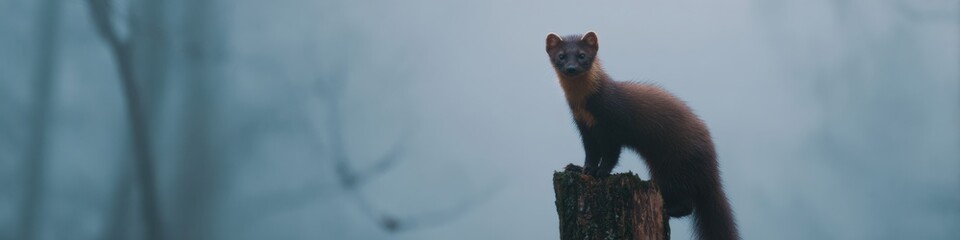 Poster - Nocturnal European pine marten on weathered tree stump in misty forest, rain-soaked woodland floor, promoting biodiversity and forest ecosystem health
